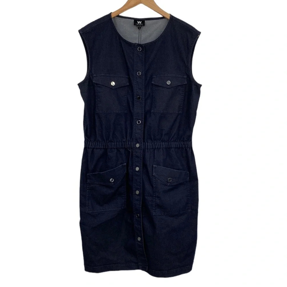 W by Worth Denim One Piece Dress Womens 14 Blue Utility Sleeveless‎ Knee Length